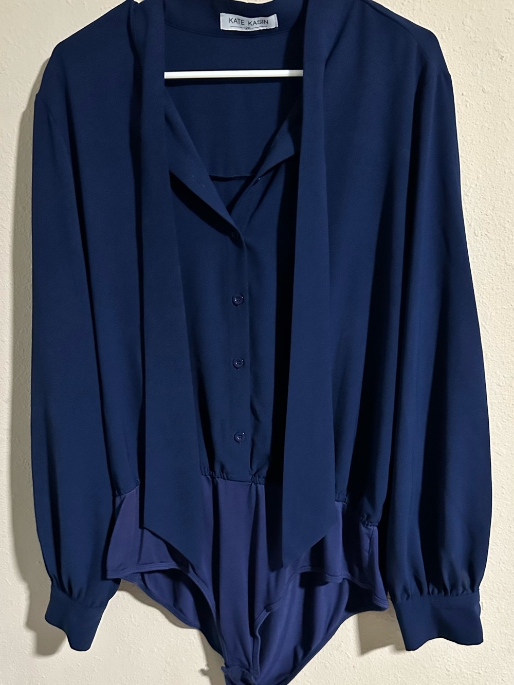 Kate Kasin Navy Long-Sleeve Button Bodysuit Blouse